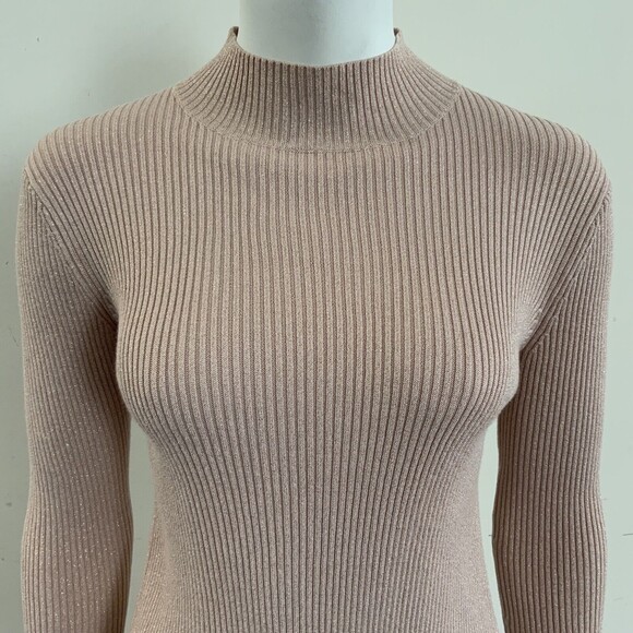 BCBGMaxAzria Charlie Ribbed Long Sleeve High Neck Blouse Top Blush XXS - Picture 14 of 15